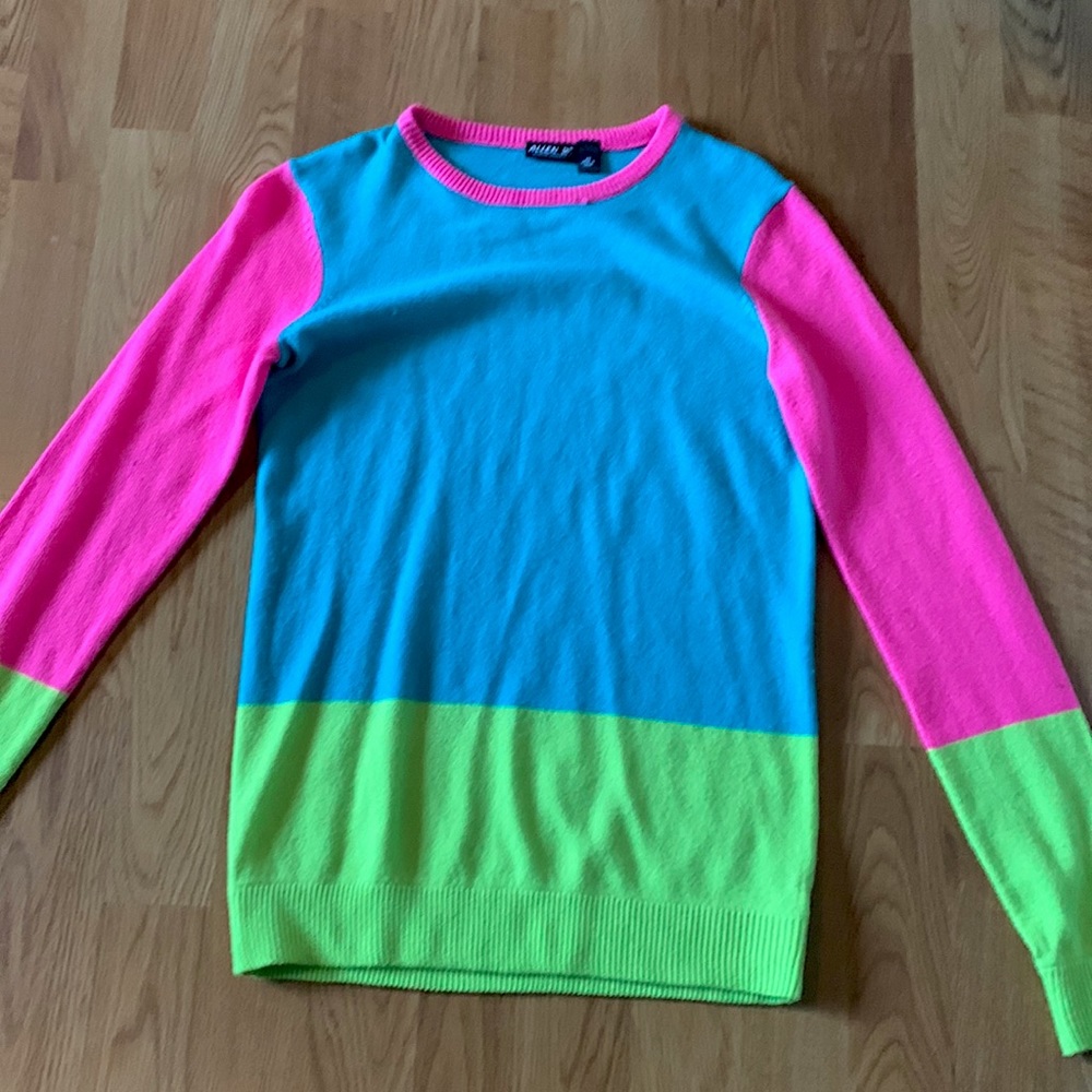 This is a Allen B. Sweater it’s neon green,neon blue and neon pink!